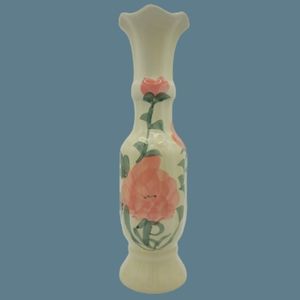 Hand Painted Floral Ceramic Fluted Scalloped Long Neck Amphora Vase Vintage